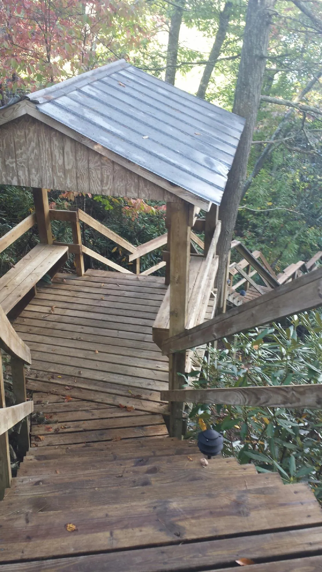 Metal roofed shelter over wooden steps on a wooded walkway — Skylight Repair & Installation work by our crew in Novi